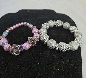 Elegant Beaded Bracelet Set - Purple and Silver